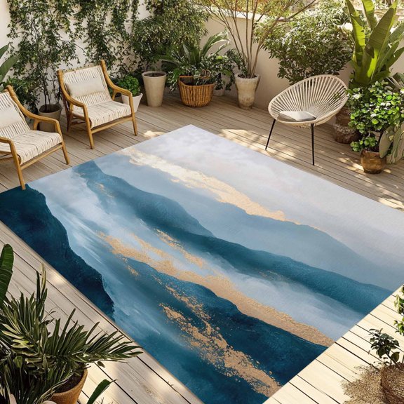 Abstract Marble Texture Outdoor Rug, Gradient Mountain Green Forest Art Non-Slip Area Rugs Carpet Breathable Large Floor Mat for Outdoors Patio Porch Deck Beach 3’ x 5’