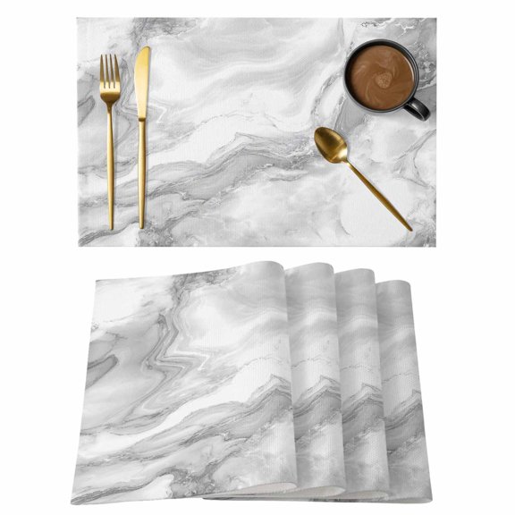Abstract Marble Texture Placemats Set of 6,Wipeable Washable Table Mats for Dining Tables, Modern Gray White Gradient Waves Place Mats for Kitchen Event Party Tabletop Decor