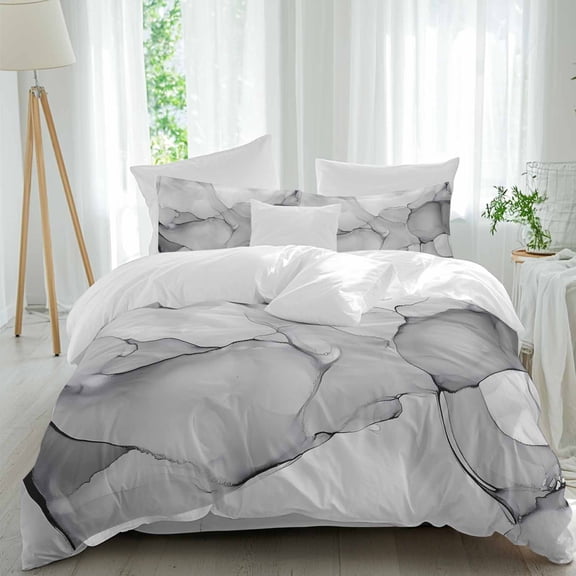 Abstract Marble Texture Queen Duvet Cover Set, Gradient Light Gray 4 Piece Microfiber Bedding Set with Zipper Closure, Bed Sheet and 2 Pillow Shams, Soft Bedding Cover