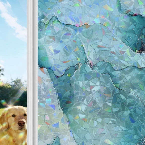 Abstract Marble Texture Rainbow Window Privacy Film, Blue Green Wavy Pattern Stained Glass Window Film, Sun Blocking Glass Clings Static Cling Non Adhesive Door Stickers 19.6 x 39.3 Inches