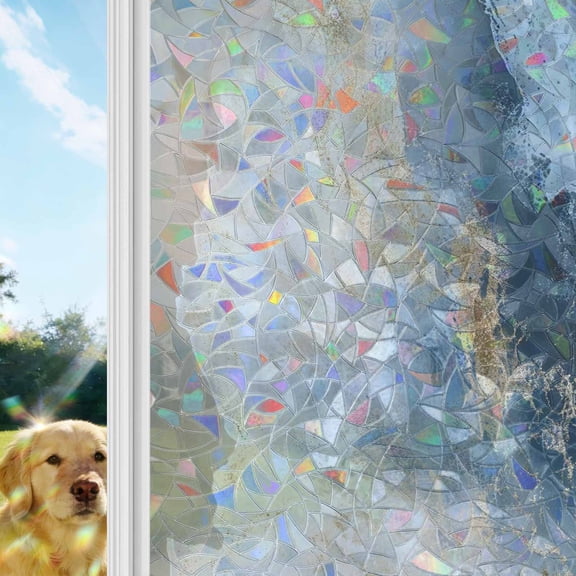 Abstract Marble Texture Rainbow Window Privacy Film, Blue Yellow Color Blending Stained Glass Window Film, Sun Blocking Glass Clings Static Cling Non Adhesive Door Stickers 17.7 x 39.3 Inches
