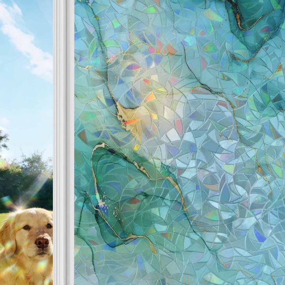 Abstract Marble Texture Rainbow Window Privacy Film, Gold Crack Teal Green Gradient Art Stained Glass Window Film, Sun Blocking Glass Clings Static Cling Non Adhesive Door Stickers 19.6 x 39.3 Inches