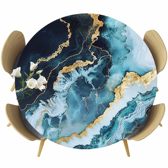 Abstract Marble Texture Round Fitted Table Cover Blue Gold Modern Art Waterproof Table Cloth with Elastic Edge Wipeable Tablecloth for Picnic Camping Party Fits 45"-54" Diameter
