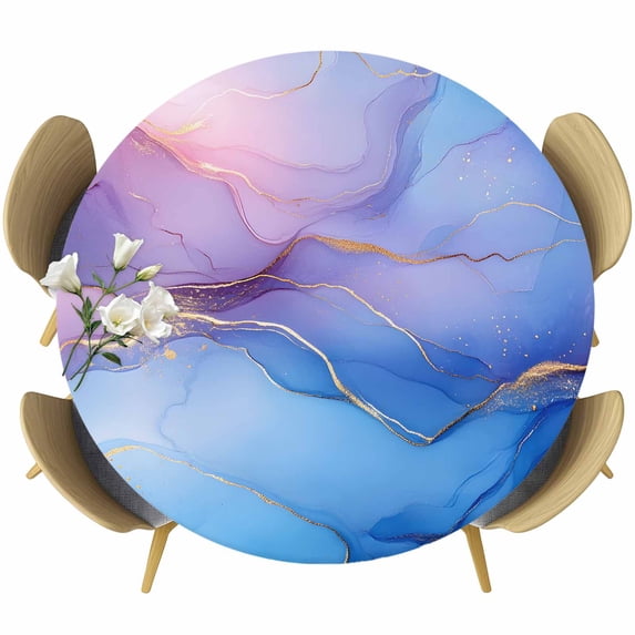 Abstract Marble Texture Round Fitted Table Cover Blue Pink Gradient Gold Crack Art Waterproof Table Cloth with Elastic Edge Wipeable Tablecloth for Picnic Camping Party Fits 45"-54" Diameter