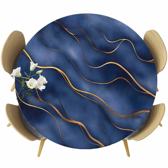 Abstract Marble Texture Round Fitted Table Cover Deep Blue Gold Wave Art Waterproof Table Cloth with Elastic Edge Wipeable Tablecloth for Picnic Camping Party Fits 36"-44" Diameter