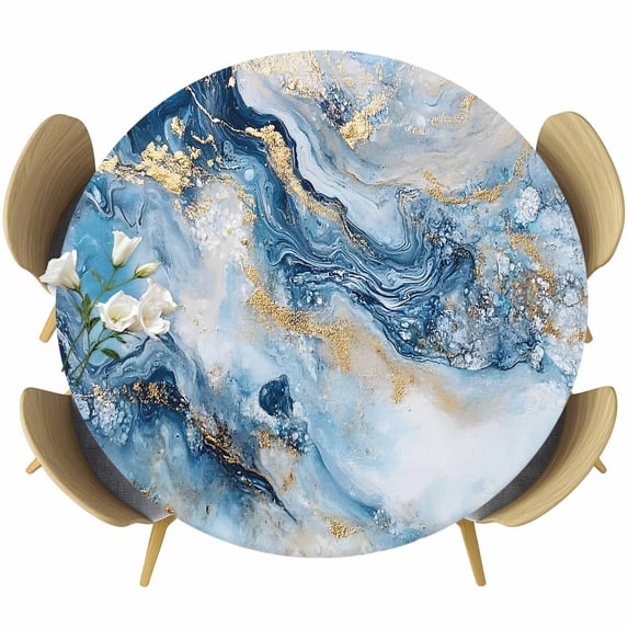 Abstract Marble Texture Round Fitted Table Cover Gradient Green Gold Waves Waterproof Table Cloth with Elastic Edge Wipeable Tablecloth for Picnic Camping Party Fits 36"-44" Diameter