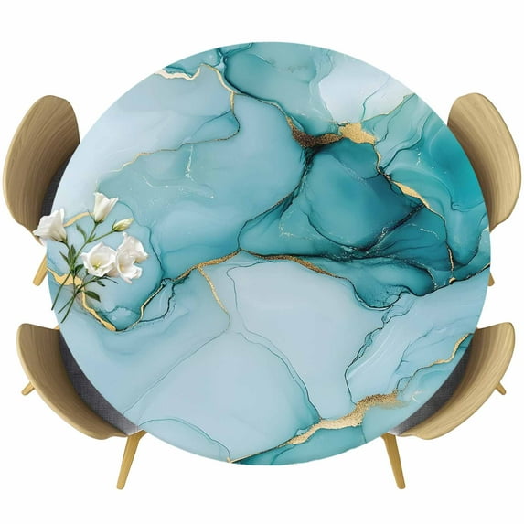 Abstract Marble Texture Round Fitted Table Cover Teal Gradient Art Waterproof Table Cloth with Elastic Edge Wipeable Tablecloth for Picnic Camping Party Fits 36"-44" Diameter