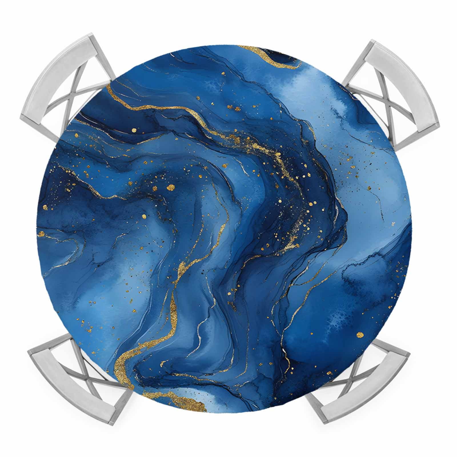 Abstract Marble Texture Round Fitted Tablecloth with Elastic Edge, Blue ...