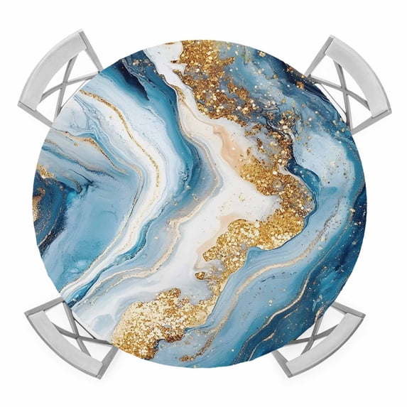 Abstract Marble Texture Round Fitted Tablecloth with Elastic Edge, Blue ...
