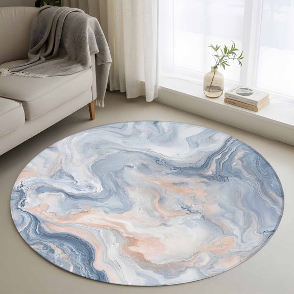 Abstract Marble Texture Round Rugs for Living Room 3ft Blue Gray Tone Vortex Effect Non Slip Circle Rug Washable Low-Profile Indoor Carpet for Bedroom, Dining Room, Bathroom