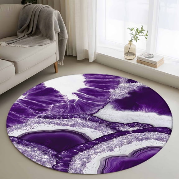 Abstract Marble Texture Round Rugs for Living Room 3ft White Dark Purple Cracke Rock Non Slip Circle Rug Washable Low-Profile Indoor Carpet for Bedroom, Dining Room, Bathroom