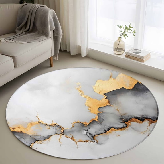 Abstract Marble Texture Round Rugs for Living Room 4ft Grey White Gradient Gold Crack Art Non Slip Circle Rug Washable Low-Profile Indoor Carpet for Bedroom, Dining Room, Bathroom