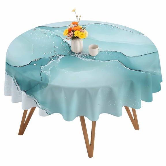Abstract Marble Texture Round Tablecloth 54 inches Blue Green Wavy Pattern Waterproof Oil-Proof Table Cloth Round Table Cover for Holiday Party Picnic Dinner Decor Indoor and Outdoor Use