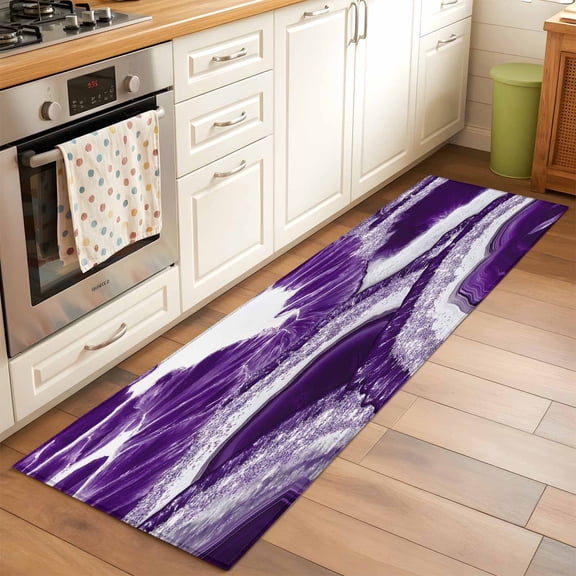 Abstract Marble Texture Runner Rug for Hallway 2x6ft, White Dark Purple Cracke Rock Non Slip Floor Mat Washable Low-Profile Indoor Carpet for Living Room, Bedroom, Dining Room