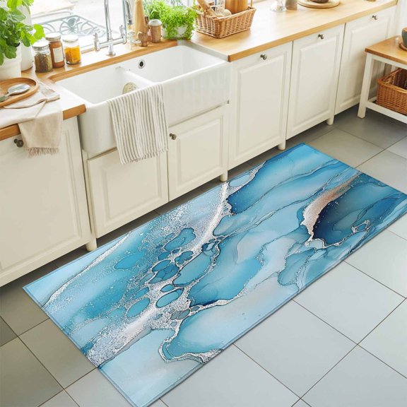 Abstract Marble Texture Seamless Rectangle Area Rug 2x6ft,Living Room Rug Non-Slip Washable Circle Rugs Pad,Gradient Blue Waves Soft Floor Carpet for Bedroom Dining Room