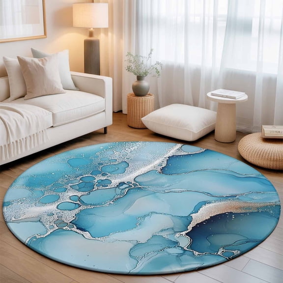 Abstract Marble Texture Seamless Round Rug 5ft Gradient Blue Waves Washable Area Rugs for Living Room Bedroom Entryway Non Slip Entrance Door Mat Indoor Floor Carpet
