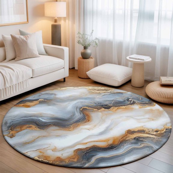 Abstract Marble Texture Seamless Round Rug 5ft Modern Watercolor Art Washable Area Rugs for Living Room Bedroom Entryway Non Slip Entrance Door Mat Indoor Floor Carpet
