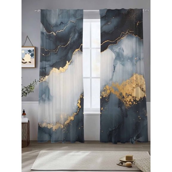 Abstract Marble Texture Sheer Curtains 108 Inches Long 2 Panels Black Gray Gradient Gold Crack Art Light Filtering Semi Sheer Window Curtains Drapes for Bedroom Living Room 52"x108"