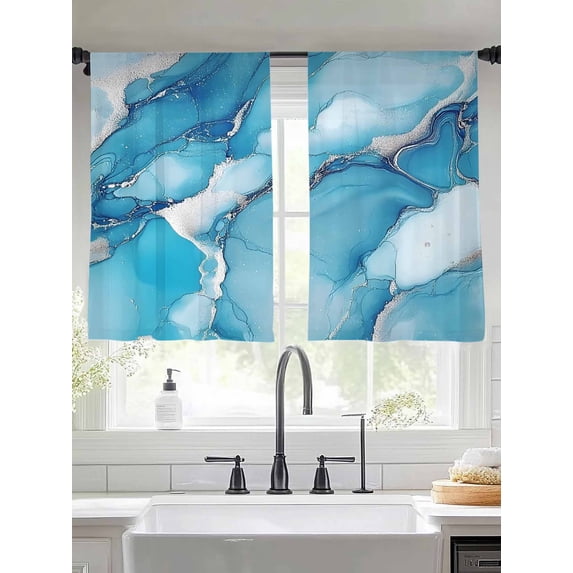Abstract Marble Texture Sheer Curtains 54 Inches Long 2 Panels Blue Gary Water Ripples Light Filtering Semi Sheer Window Curtains Drapes for Bedroom Living Room 52"x54"