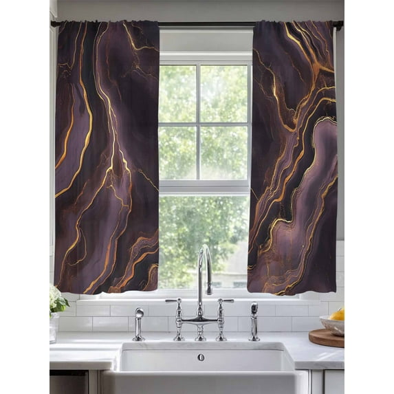 Abstract Marble Texture Sheer Curtains 63 Inches Long 2 Panels Purple Gold Modern Art Light Filtering Semi Sheer Window Curtains Drapes for Bedroom Living Room 52"x63"