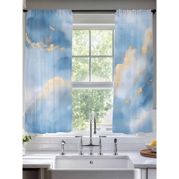 Abstract Marble Texture Sheer Curtains 72 Inches Long 2 Panels Blue Golden Gradient Light Filtering Semi Sheer Window Curtains Drapes for Bedroom Living Room 52"x72"