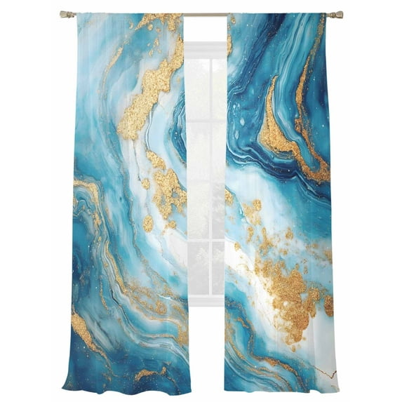 Abstract Marble Texture Sheer Curtains for Living Room Bedroom, Light-filtering Sheer Curtain, Teal Shinny Gold Gradient Art Rod Pocket Voile Window Treatment Drapes, 52’’Wx84’’L, 2 Panels Set