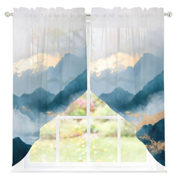 Abstract Marble Texture Sheer Curtains Swag Valances for Windows Gradient Mountain Green Forest Art Rod Pocket Swag Curtain Small Window Curtain for Kitchen Living Room Bedroom, 1 Pair 28"W x 36"L