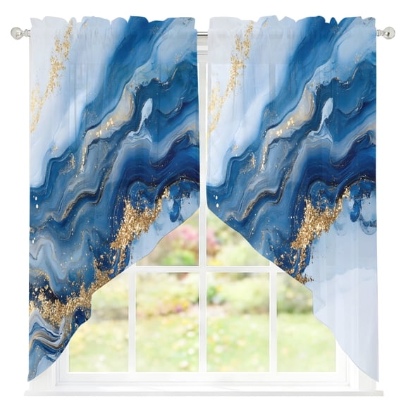 Abstract Marble Texture Sheer Curtains Swag Valances for Windows Waves Gradient Blue Gold Art Rod Pocket Swag Curtain Small Window Curtain for Kitchen Living Room Bedroom, 1 Pair 28"W x 36"L