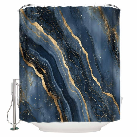 Abstract Marble Texture Shower Curtain, 66" x 72", Gradient Blue Gold Wave Art Waterproof Bathroom Curtain Washable Shower Curtain Set with 12 Hooks