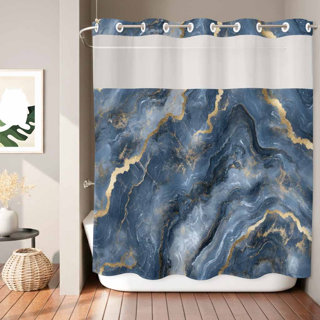 Abstract Marble Texture Shower Curtain, Gradient Blue Gold Theme Wave ...
