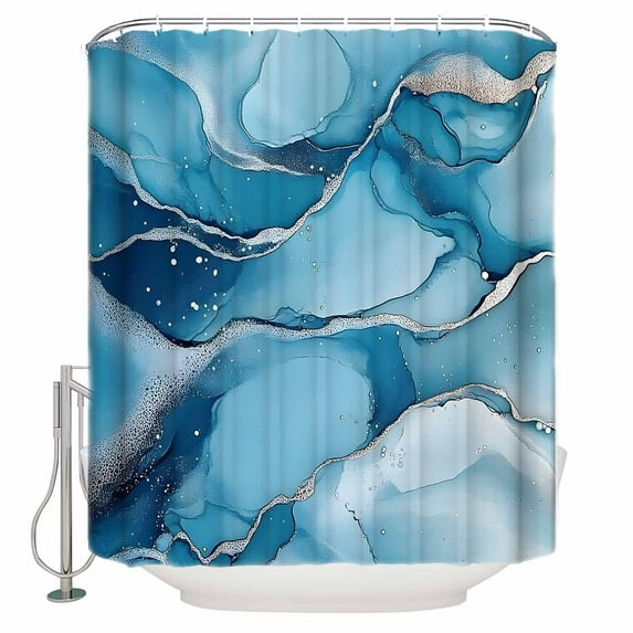 Abstract Marble Texture Shower Curtain Set ,Waterproof Fabric Shower Curtains Blue Gary Water Ripple Shower Curtains for Bathroom,Bathroom Decor 72"x72"