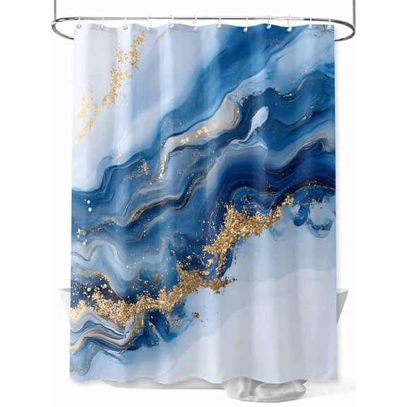 Abstract Marble Texture Shower Curtain, Waves Gradient Blue Gold Art Waterproof Shower Curtain Set with 12 Hooks Lightweight Washable Fabric Shower Curtains for Bathroom 72x84 Inches