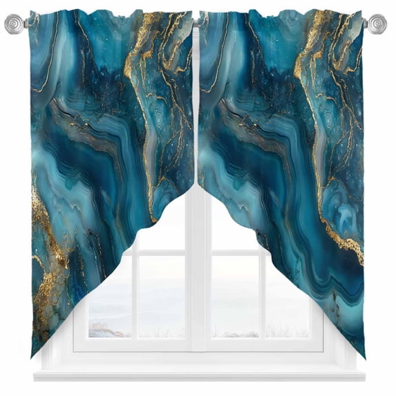 Abstract Marble Texture Swag Valances for Windows 2 Pack Gradient Gold Deep Blue Art Swag Kitchen Curtains 36 Inches Long Rod Pocket Short Window Treatment for Kitchen Bathroom 28"x36"