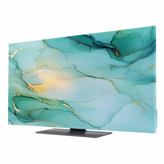 Abstract Marble Texture TV Dust Cover 40 Inch, Gold Crack Teal Green Gradient Art Computer Monitor Cover Dustproof Stretchable Indoor TV Screen Protector for LED LCD Universal Monitors