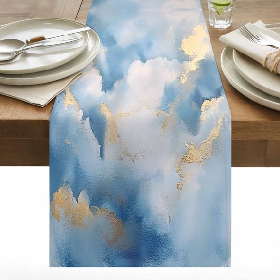 Abstract Marble Texture Table Runner 13x48 inch Blue Golden Cloud Effect Cotton Linen Dining Table Runner Ideal for Dresser Kitchen Coffee Tables - Machine Washable