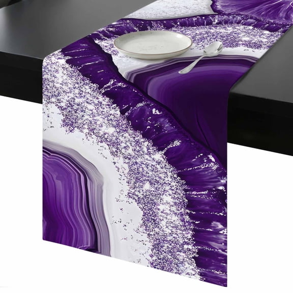 Abstract Marble Texture Table Runner 13x70 Inch White Dark Purple Cracke Rock Table Runner Non-Slip Dresser Scarves for Holiday Decorations, Party, Dinner and Gatherings, 1 Pack