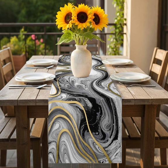 Abstract Marble Texture Table Runner-70 Inch Long Modern Grey Gold Fluid Style Table Runners Linen Burlap Tablerunner for Kitchen Dining Room Holiday Party