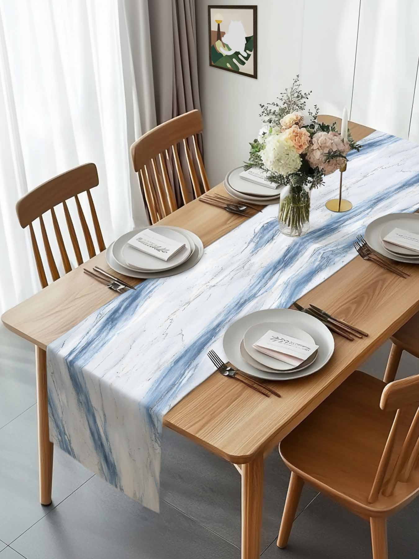 Abstract Marble Texture Table Runner 90 Inches Long, Modern Blue White Stone Art Table Runners Tabletop Scarf Kitchen Dining Tables Decoration for Home Party Indoor Outdoor