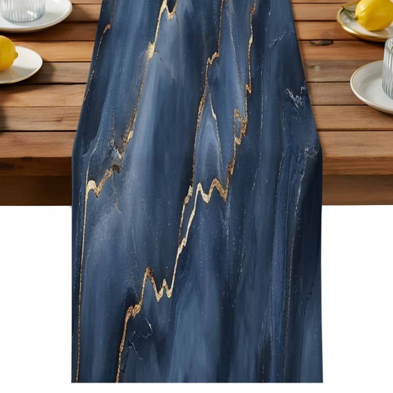 Abstract Marble Texture Table Runner, Deep Blue Gold Crack Art Cotton ...