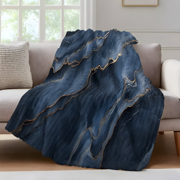 Abstract Marble Texture Throw Blanket for Couch Deep Blue Gold Crack ...