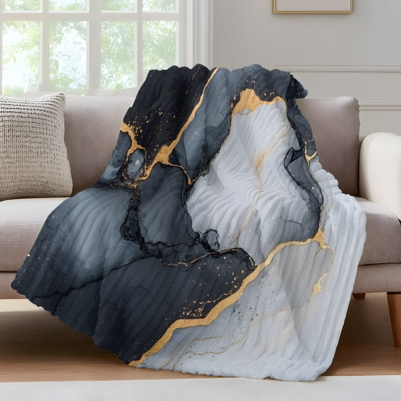 Abstract Marble Texture Throw Blanket for Couch Gold Crack Black Gray Gradient Art Soft and Warm Flannel 3D Striped Fluffy Fuzzy Fleece Blanket Lightweight Throw for Bed, Sofa 30 x 40 Inches