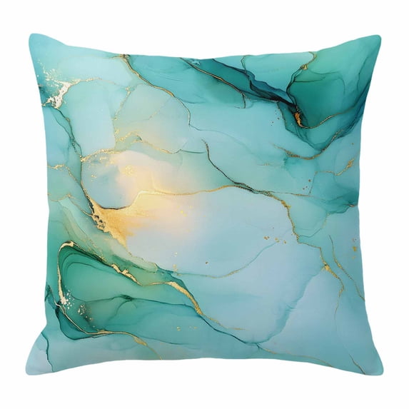Abstract Marble Texture Throw Pillow Cover Gold Crack Teal Green Gradient Art Cotton Linen Cushion Cover Throw Pillow Case with Invisible Zipper for Couch Sofa Bed Chair Car 26x26 Inch