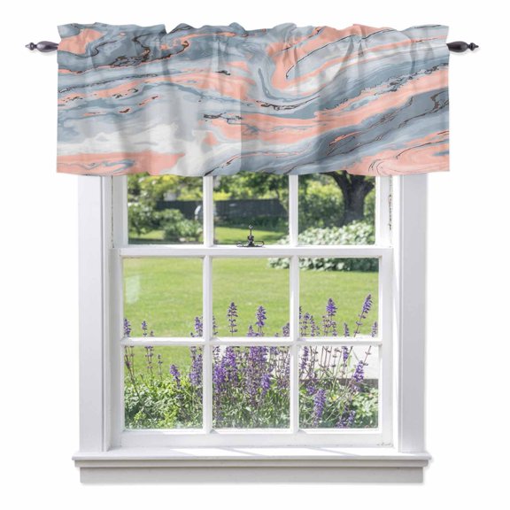 Abstract Marble Texture Valance Curtain for Windows Coral Pink Grey Blue Gradient Stone Rod Pocket Curtain Valances Short Window Treatments Panels for Kitchen Bathroom Laundry Basement 60 x 14 Inch