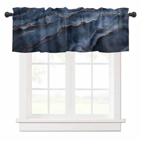 Abstract Marble Texture Valances for Windows Deep Blue Gold Crack Art Rod Pocket Curtain Valance Window Treatment Short Curtains for Kitchen Living Room, 60"x14"