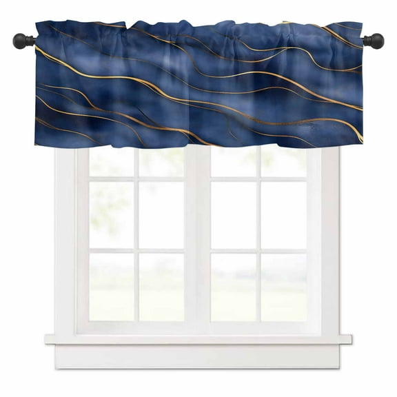 Abstract Marble Texture Valances for Windows Deep Blue Gold Wave Art Rod Pocket Curtain Valance Window Treatment Short Curtains for Kitchen Living Room, 58"x16"