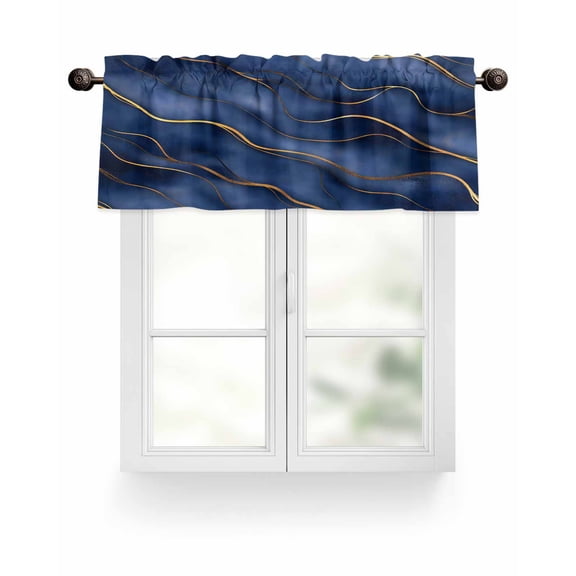 Abstract Marble Texture Valances for Windows Deep Blue Gold Wave Art Valance Rod Pocket Light Filtering Short Window Treatments Curtains for Kitchen Bathroom Living Room Bedroom, 54 x 18 Inch