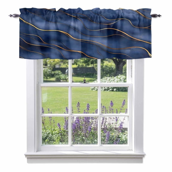 Abstract Marble Texture Valances for Windows, Deep Blue Gold Wave Art Valance Window Treatment Rod Pocket Short Curtains Valances for Kitchen Bathroom 54"W x 18"L
