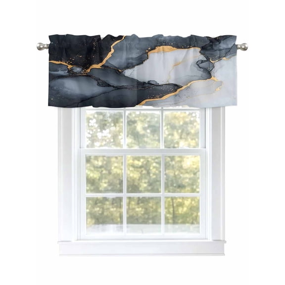 Abstract Marble Texture Valances for Windows Gold Crack Black Gray Gradient Art Kitchen Valance Curtain Rod Pocket Small Curtains for Cafe Bathroom Laundry Basement 54" x 18"