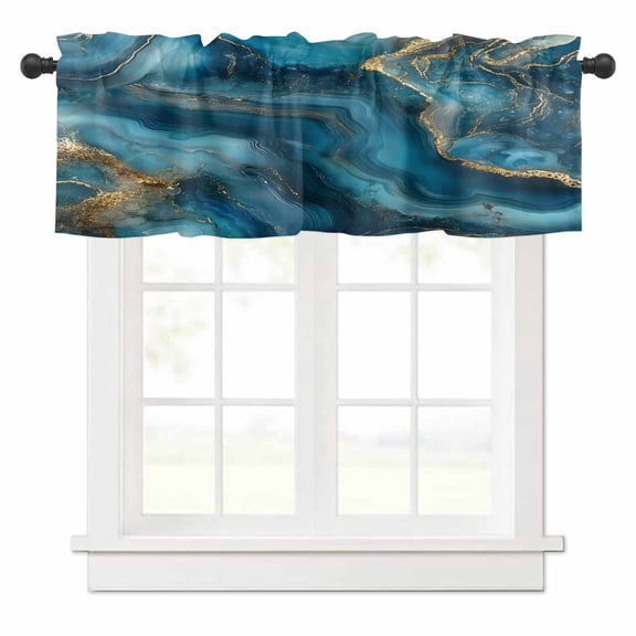 Abstract Marble Texture Valances for Windows Gradient Gold Deep Blue Art Rod Pocket Curtain Valance Window Treatment Short Curtains for Kitchen Living Room, 58"x16"