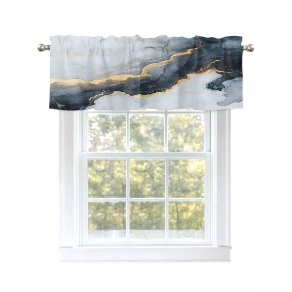 Abstract Marble Texture Valances for Windows Grey Black Gradient Gold Crack Art Kitchen Valance Curtain Rod Pocket Small Curtains for Cafe Bathroom Laundry Basement 60" x 18"